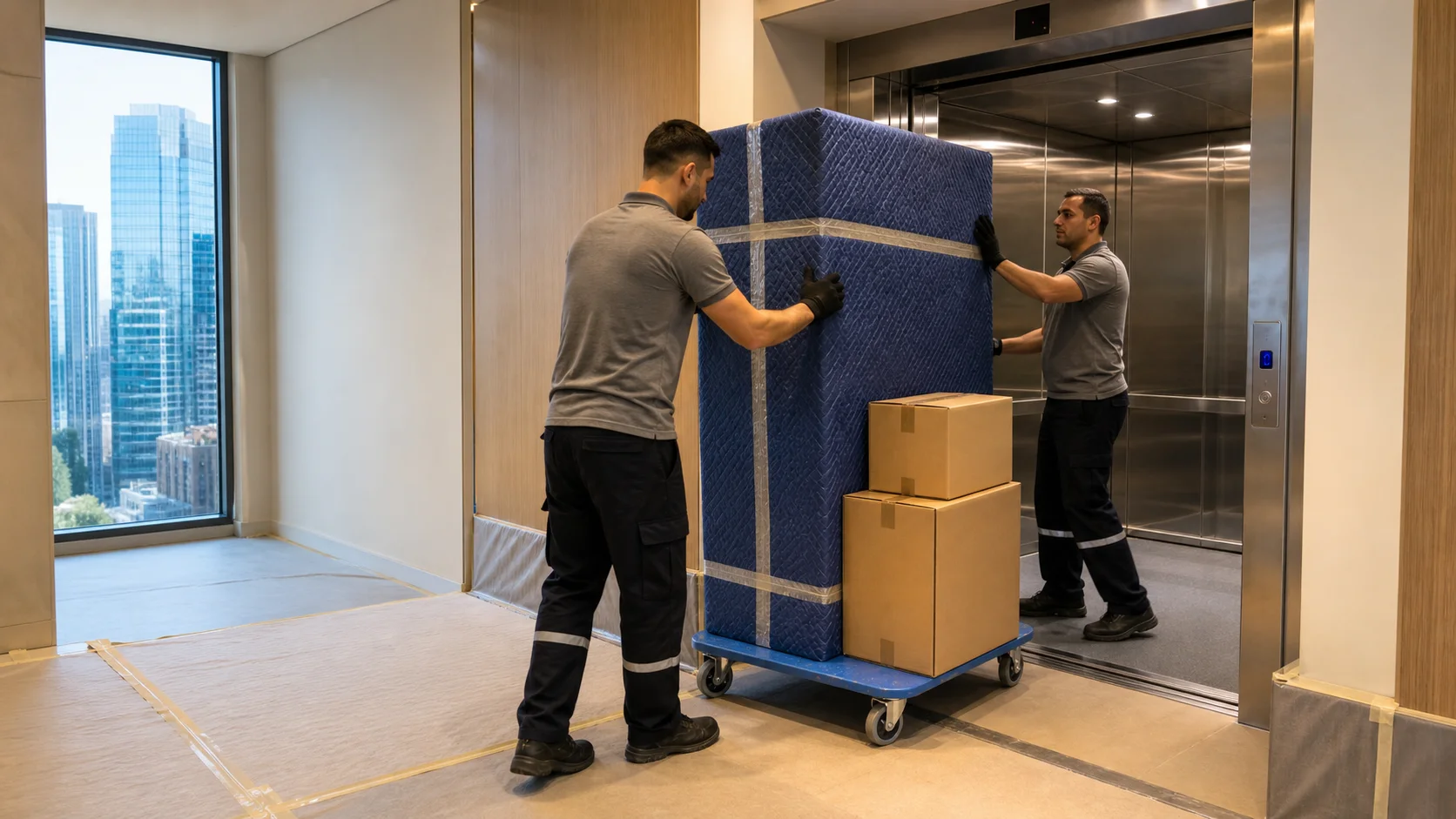 Maslak'taki yüksek katlı bir rezidansta paketli mobilyayı servis asansörüne alan taşıma ekibi